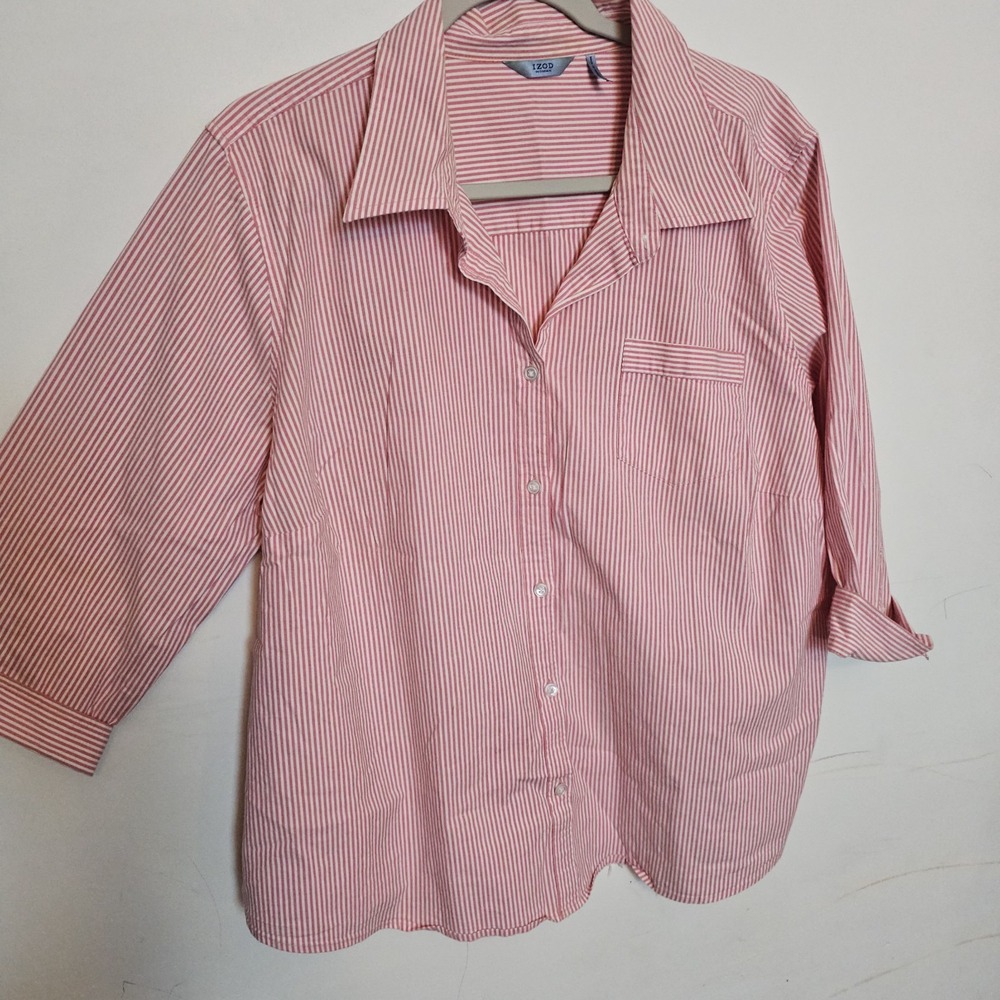 Izod Women's Red Striped Button Up 2X Office Business‎ Casual Top Blouse